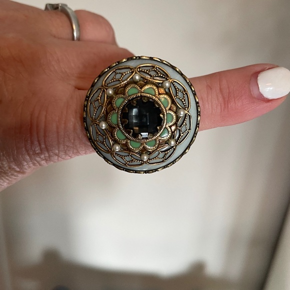 Sweet Romance Ammonite round - aqua opal ring - Picture 1 of 3